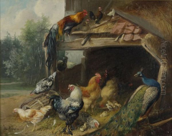 Huhnerhof, Am Rechten Bildrand Ein Pfau Oil Painting by Julius Scheuerer