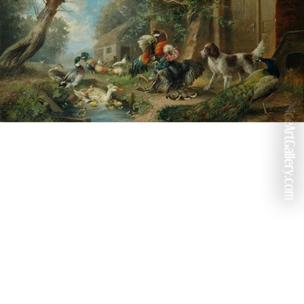 A Barnyard Cock Fight Watched By A Spaniel, A Peacock And Other Fowl Oil Painting by Julius Scheuerer