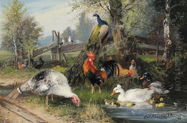 Pfau, Truthahn Und Huhner Am Bach by Julius Scheuerer