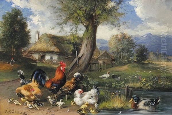 Huhner Und Enten Am Bach Oil Painting by Julius Scheuerer