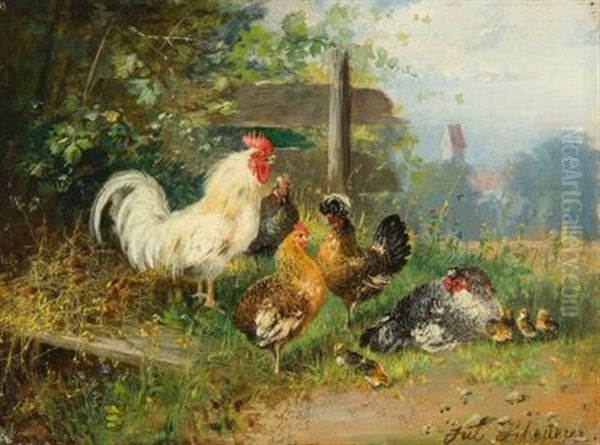 Nachwuchs Auf Dem Huhnerhof Oil Painting by Julius Scheuerer