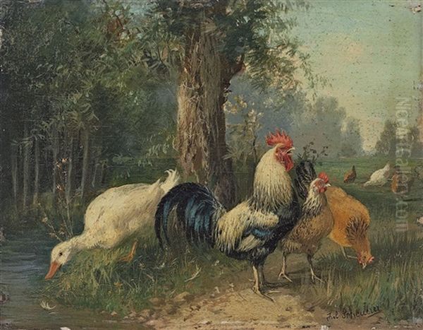 Landschaft Mit Geflugel (+ Another, Similar; Pair) Oil Painting by Julius Scheuerer