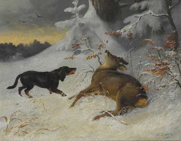 Ein Jagdhund Verbellt Einen Erlegten Rehbock Oil Painting by Julius Scheuerer