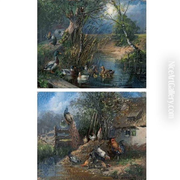 Ducks And Chickens In A Landscape And Peacocks (+ Chickens In A Farmyard; 2 Works) Oil Painting by Julius Scheuerer