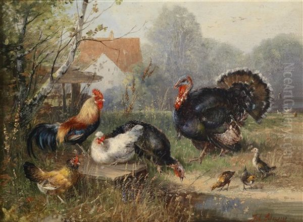 Huhnervolk Und Ein Truthahn Oil Painting by Julius Scheuerer