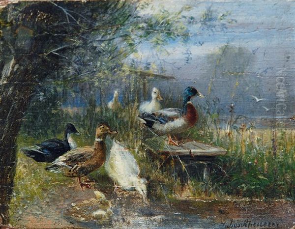 Ducks At The Lake Oil Painting by Julius Scheuerer