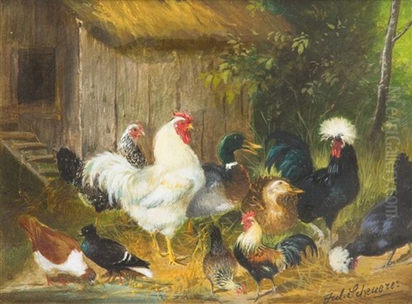 Huhnerhof Mit Enten Und Tauben Oil Painting by Julius Scheuerer