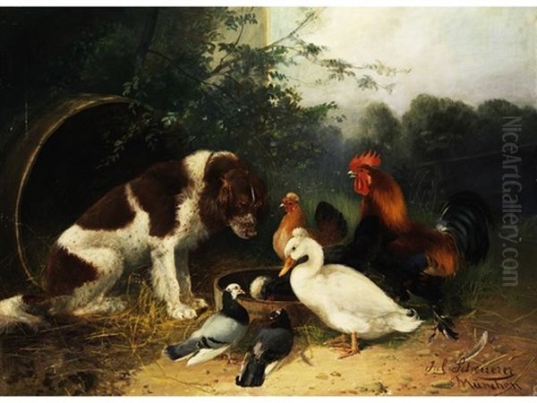 Geflugel Und Hund Oil Painting by Julius Scheuerer