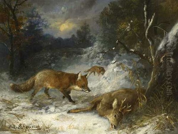 Fuchse Bei Einem Erlegten Rehbock Im Winterwald Oil Painting by Julius Scheuerer