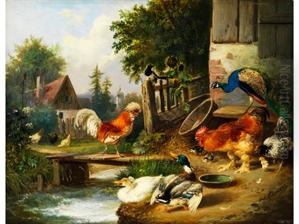 Federvieh Im Huhnerhof Mit Steg Uber Einen Bach Oil Painting by Julius Scheuerer