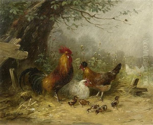 Huhnerfamilie Unter Einem Baum Oil Painting by Julius Scheuerer