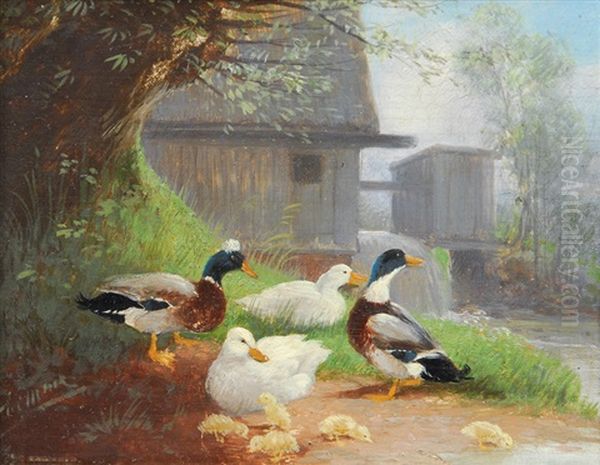 Ducks On The Brookside Oil Painting by Julius Scheuerer