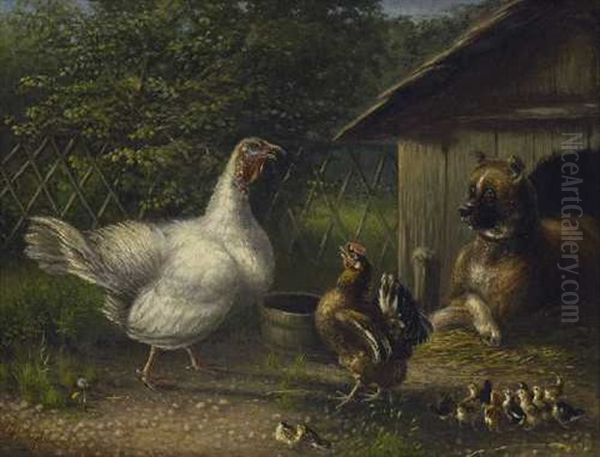 Pute Und Henne Mit Kuken Vor Der Hutte Des Hofhundes Oil Painting by Julius Scheuerer