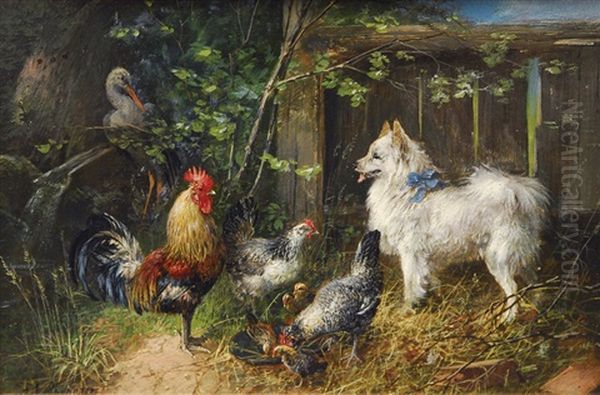 Spitz In The Farmyard Oil Painting by Julius Scheuerer