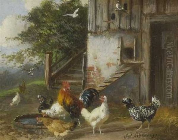 Huhnerhof Oil Painting by Julius Scheuerer