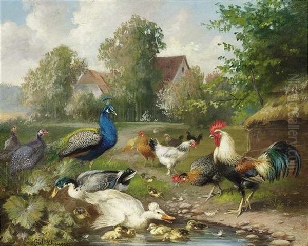 Federvieh Tummelt Sich Auf Einer Wiese Vor Einem Gehoft Oil Painting by Julius Scheuerer