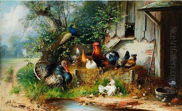 Federvieh Vor Den Stallungen Oil Painting by Julius Scheuerer