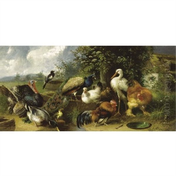 Farmyard Birds Oil Painting by Julius Scheuerer