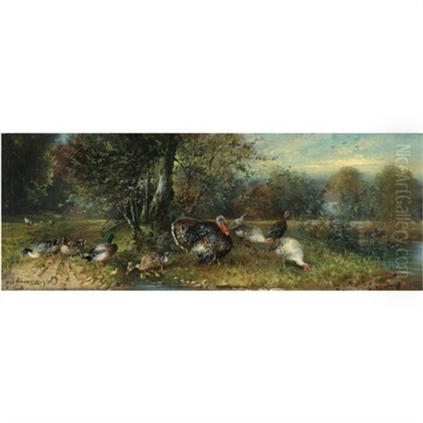 Ducks And Turkeys Oil Painting by Julius Scheuerer