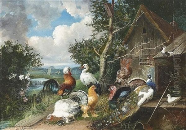 Prachtiges Federvieh Und Ein Storch Auf Einem Bauernhof Oil Painting by Julius Scheuerer