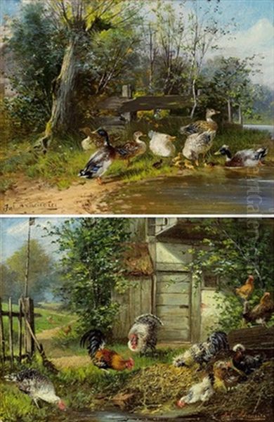 Pendants - Huhner Und Enten (+another; 2 Works) Oil Painting by Julius Scheuerer