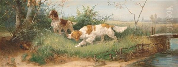 Jagdszene. Zwei Englische Setter Stellen Einen Fasan Oil Painting by Julius Scheuerer