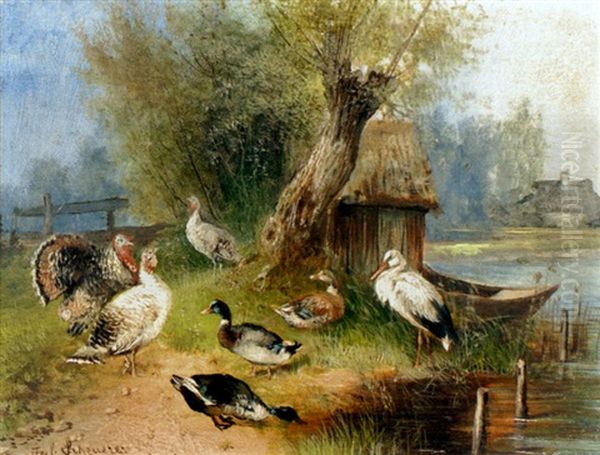 Federvieh Am Weiher Oil Painting by Julius Scheuerer