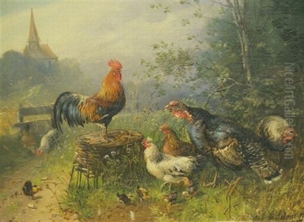 Fowl In A Country Landscape Oil Painting by Julius Scheuerer