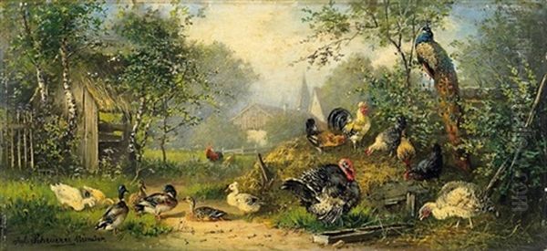 Auf Dem Bauernhof Oil Painting by Julius Scheuerer