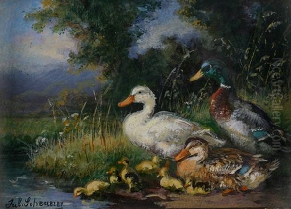 Entenfamilie Am Bach Oil Painting by Julius Scheuerer