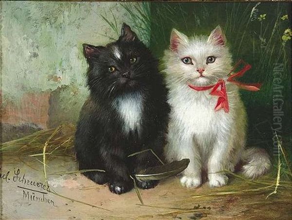 Zwei Katzchen Oil Painting by Julius Scheuerer