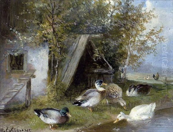 Enten Oil Painting by Julius Scheuerer