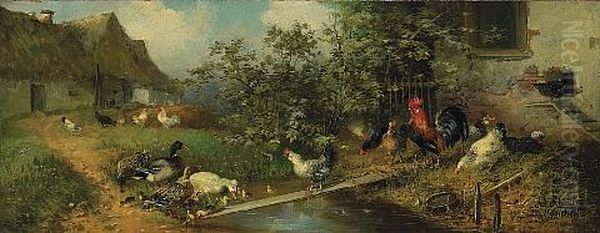 Chickens And Ducks By A Stream Oil Painting by Julius Scheuerer