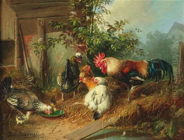 Federvieh Auf Einem Geflugelhof Oil Painting by Julius Scheuerer