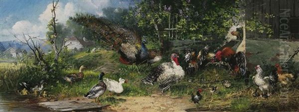 Federvieh Am Sommerlichen Ufer Oil Painting by Julius Scheuerer