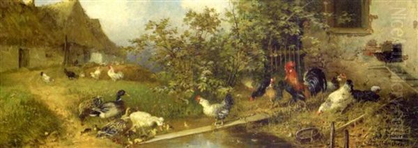 Chickens And Ducks By A Stream Oil Painting by Julius Scheuerer