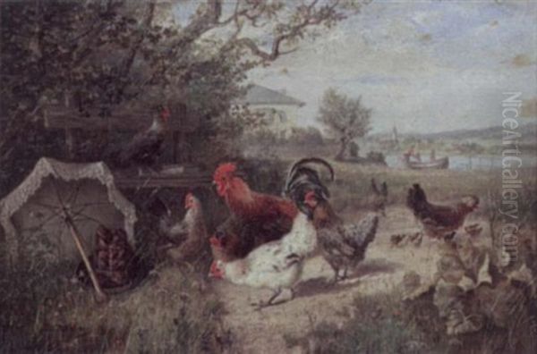 Rooster And Chickens In A Field Oil Painting by Julius Scheuerer