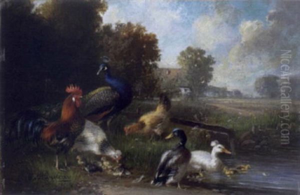 Huhner Und Enten Am Weiher Oil Painting by Julius Scheuerer