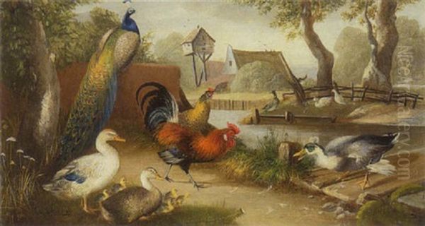 Pfau, Huhner, Hahn, Gans Und Enten Oil Painting by Julius Scheuerer