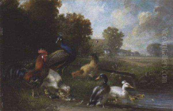 Huhner Und Enten Am Weiher Oil Painting by Julius Scheuerer