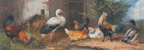 Geflugel: Hahn, Huhner, Storch Und Ente Oil Painting by Julius Scheuerer