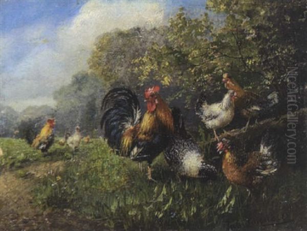 Hahne Und Huhner Oil Painting by Julius Scheuerer