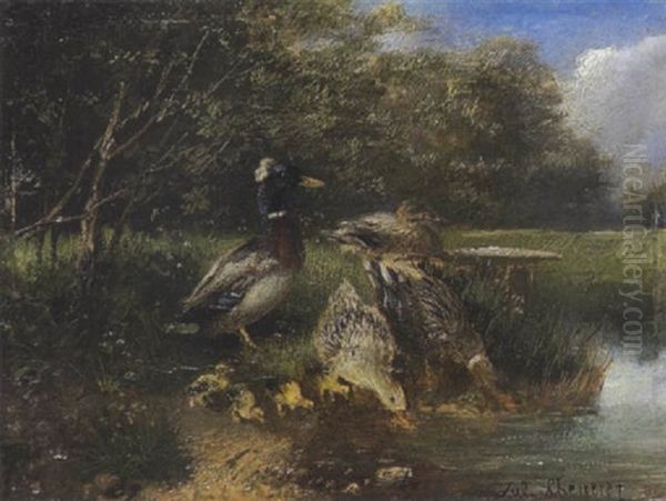 Erpel, Enten Und Kuken Oil Painting by Julius Scheuerer