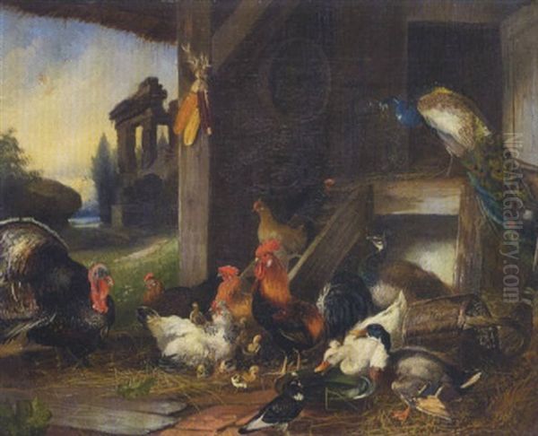 Hahn, Huhner, Kuken, Tauben, Truthahn, Pfau Und Enten Oil Painting by Julius Scheuerer