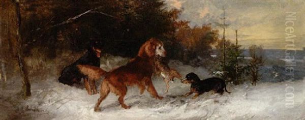 Zwei Dackel Und Ein Huhnerhund Mit Erlegtem Hasen Im Maul Oil Painting by Julius Scheuerer