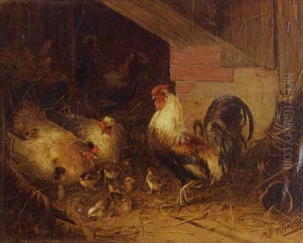 Barnyard Scene With Roosters, Hens And Chicks Oil Painting by Julius Scheuerer