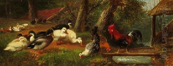 Enten Und Huhner Am Dorfbach Oil Painting by Julius Scheuerer