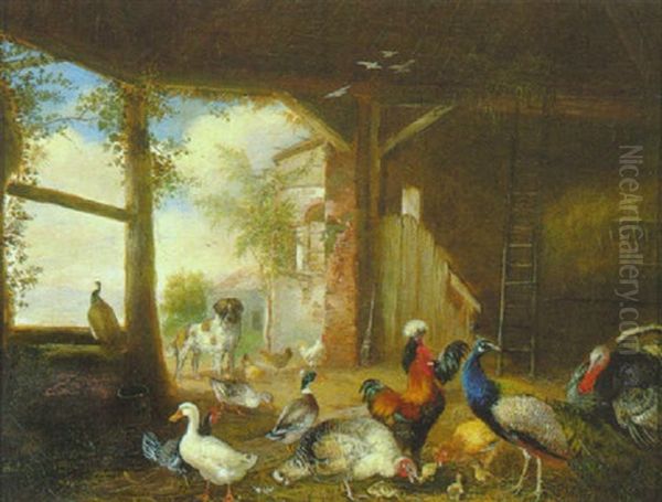 Geflugel Im Stall, Vom Hofhund Bewacht Oil Painting by Julius Scheuerer