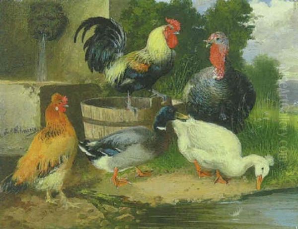 Gans, Ente, Truthahn, Hahn Und Huhn Am Wasser Bei Einem Futtertrog Vor Dem Brunnen Oil Painting by Julius Scheuerer