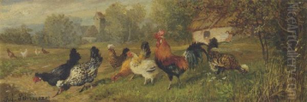 Hens And Chickens In A Summer Field Oil Painting by Julius Scheuerer